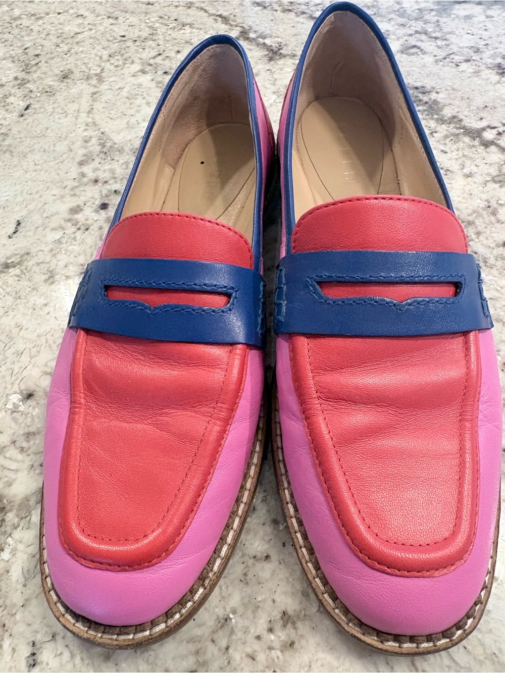 Women's Boden Color Block Pink and Red Leather Loafers with Royal